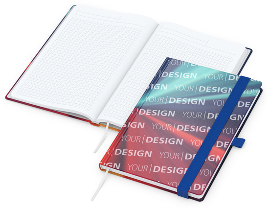 Notizbuch Match-Book White Bestseller, A5, Cover-Star, matt-individuell, mittelblau