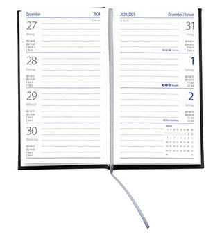 Taschenkalender "Klassik" im Format 8,7 x 15,3 cm, deutsches Kalendarium Grau/Blau mit Leseband, 128 Seiten Fadenheftung, Grafikeinband