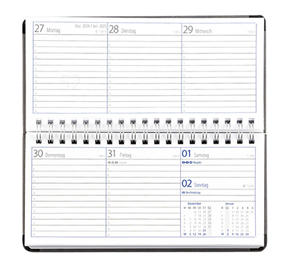Taschenkalender "Horizontal" im Format 17 x 8 cm, deutsches Kalendarium Grau/Blau, 144 Seiten, Wire-O-Bindung, Eckenperforation, Deckelpaar Magic hellbraun