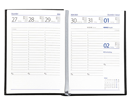 Taschenkalender "Taschenbuch Woche" im Format 10,5 x 14,8 cm, deutsches Kalendarium Grau/Blau mit Leseband, 144 Seiten Fadenheftung, Einband Slinky schwarz