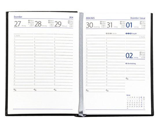 Taschenkalender "Taschenbuch Woche" im Format 10,5 x 14,8 cm, deutsches Kalendarium Grau/Blau mit Leseband, 144 Seiten Fadenheftung, Einband Slinky schwarz