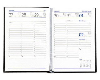 Taschenkalender "Taschenbuch Woche" im Format 10,5 x 14,8 cm, deutsches Kalendarium Grau/Blau mit Leseband, 144 Seiten Fadenheftung, Einband Fashion rot