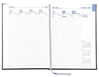 Wochenkalender "Business D" im Format 17,2 x 24 cm, deutsches Kalendarium Grau/Blau mit Leseband, 144 Seiten Fadenheftung, Eckenperforation, Einband Fashion anthrazit