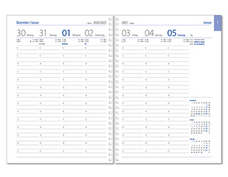 Wochenkalender "Business D Wire" im Format 17,2 x 24 cm, deutsches Kalendarium Grau/Blau, 144 Seiten, Wire-O-Bindung, mit Eckenperforation, Deckelpaar Balacron weiß
