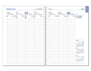 Wochenkalender "Business D Wire" im Format 17,2 x 24 cm, deutsches Kalendarium Grau/Blau, 144 Seiten, Wire-O-Bindung, mit Eckenperforation, Deckelpaar Fashion mittelgrau