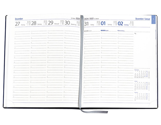 Wochenkalender "Manager D" im Format 21 x 26 cm, deutsches Kalendarium Grau/Blau mit Leseband, 144 Seiten Fadenheftung, Eckenperforation, Einband Magic anthrazit