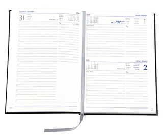 Buchkalender "Trend Chefkalender INT" im Format 14,5 x 20,5 cm, Kalendarium 4-sprachig D/F/I/GB Grau/Blau mit Leseband, 352 Seiten Fadenheftung, Eckenperforation, Einband Slinky rot