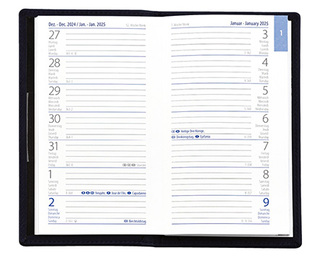Taschenplaner "Exquisit" im Format 9,5 x 16 cm, Kalendarium 4-sprachig D/F/I/GB Grau/Blau, 64 Seiten gebunden + 16 Seiten ABC-Heft, eingesteckt in Slinky-Hülle schwarz