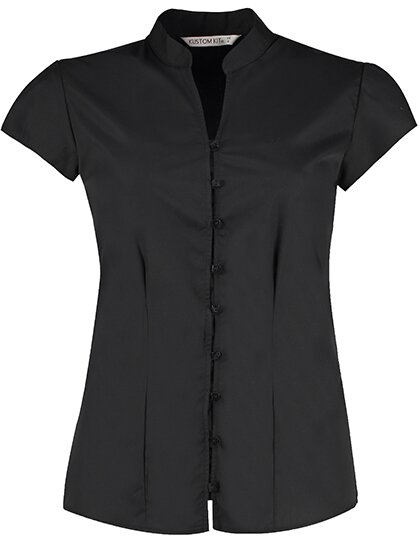 Tailored Fit Poplin Contintental Blouse Mandarin Collar Cap Sleeve